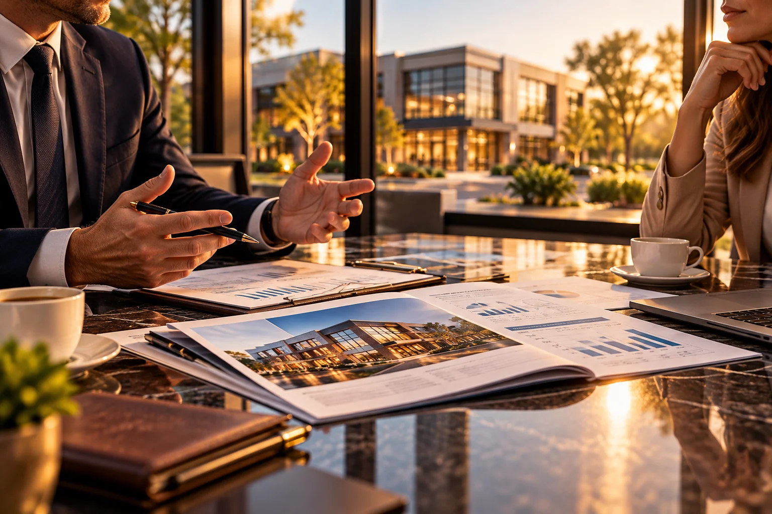A business consultation over property brochures, planning documents, and market charts