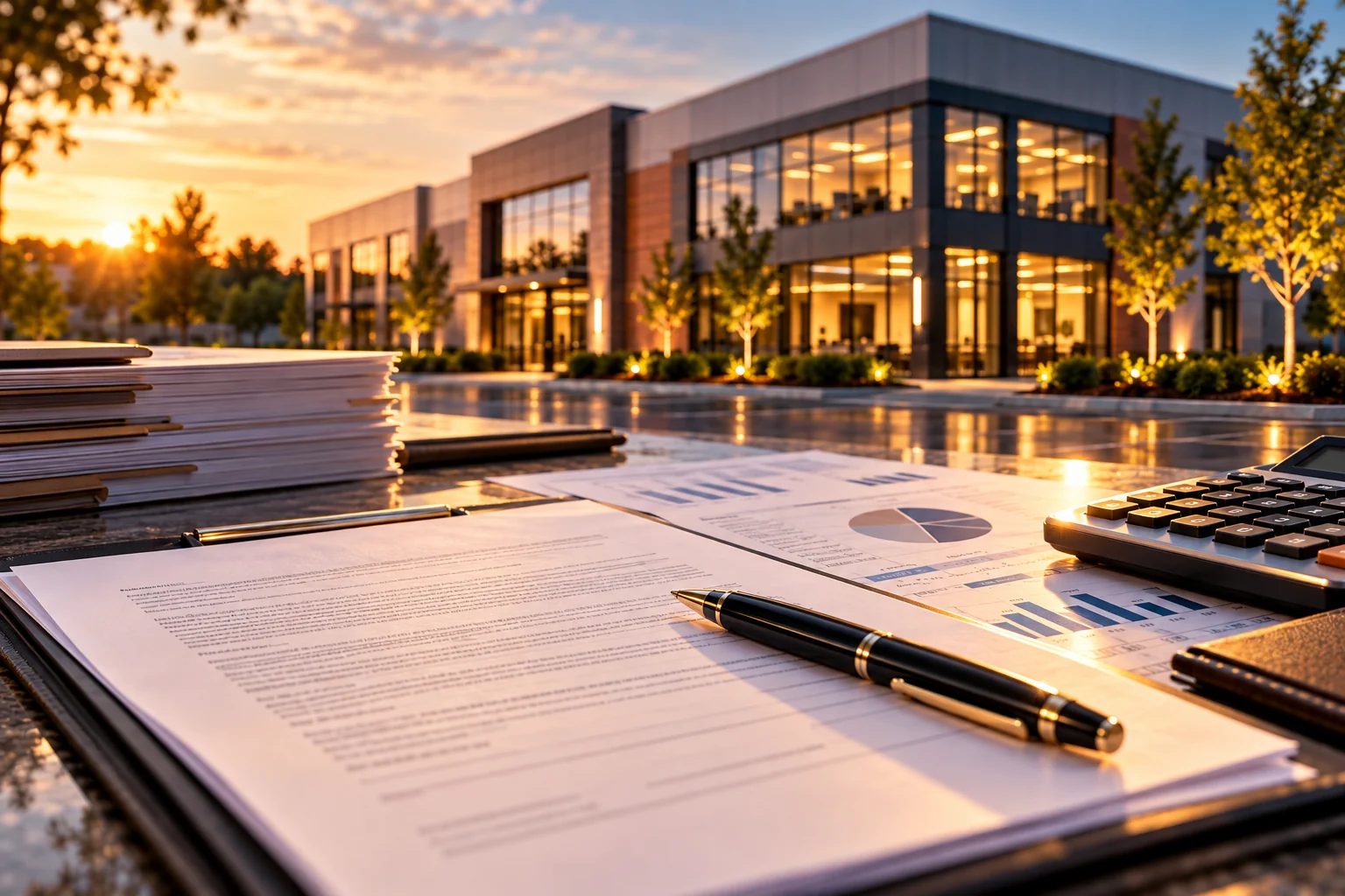 Lease documents, financial reports, and a calculator overlooking a commercial office building